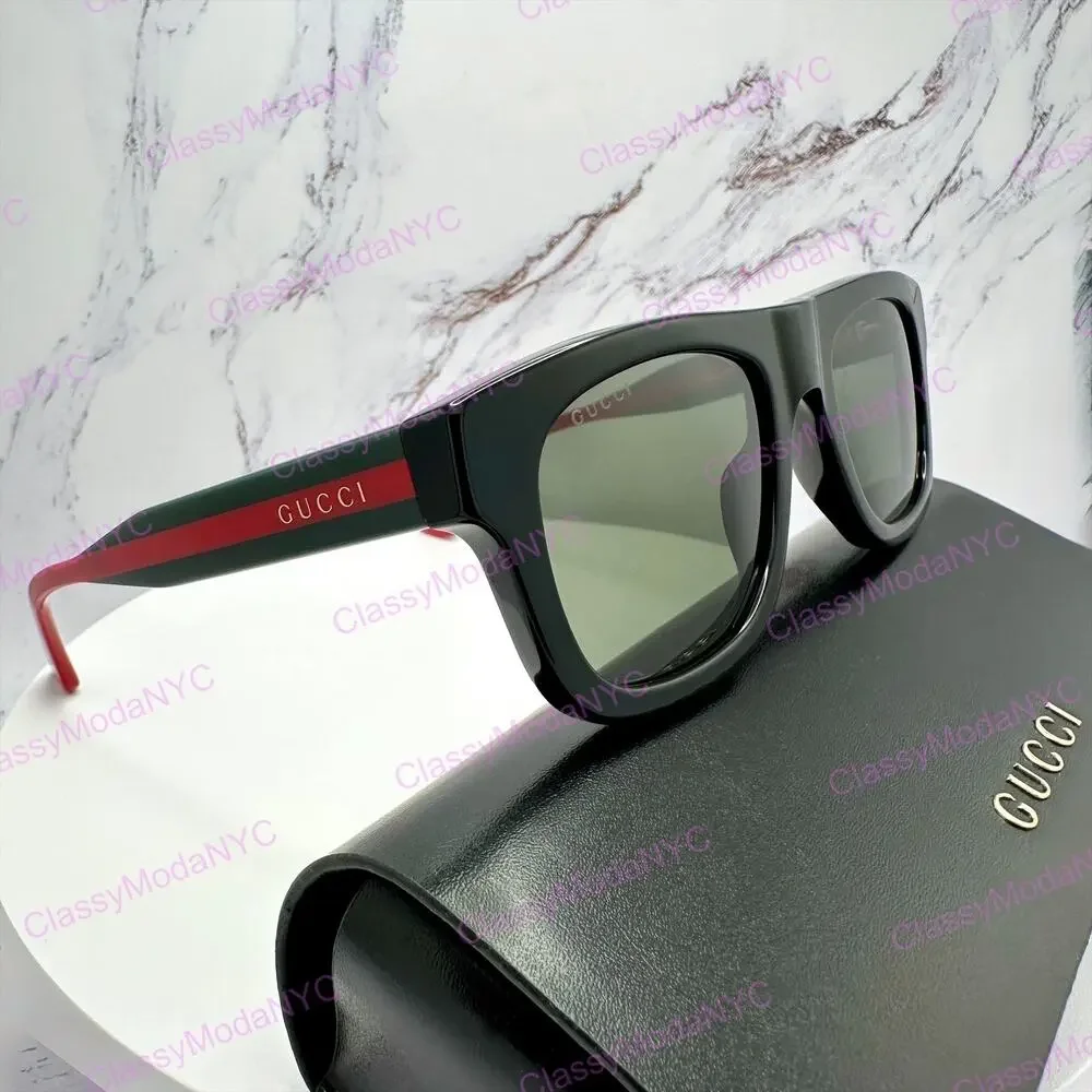 New GUCCI Sunglasses Mens 52mm Black Square Rectangle Aviator Red Green Web Arm